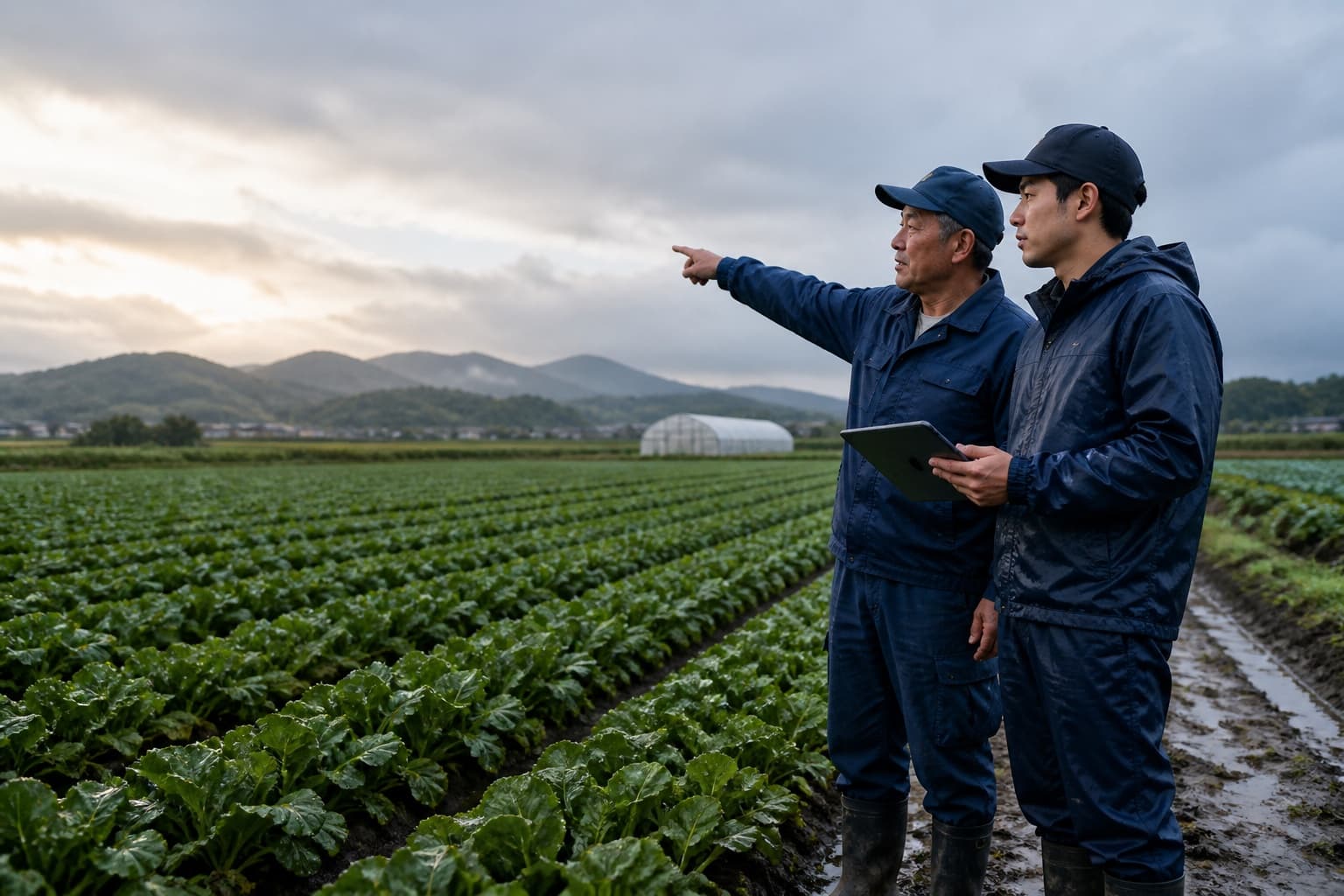 雨上がりの圃場で作物を確認する二人の農業従事者